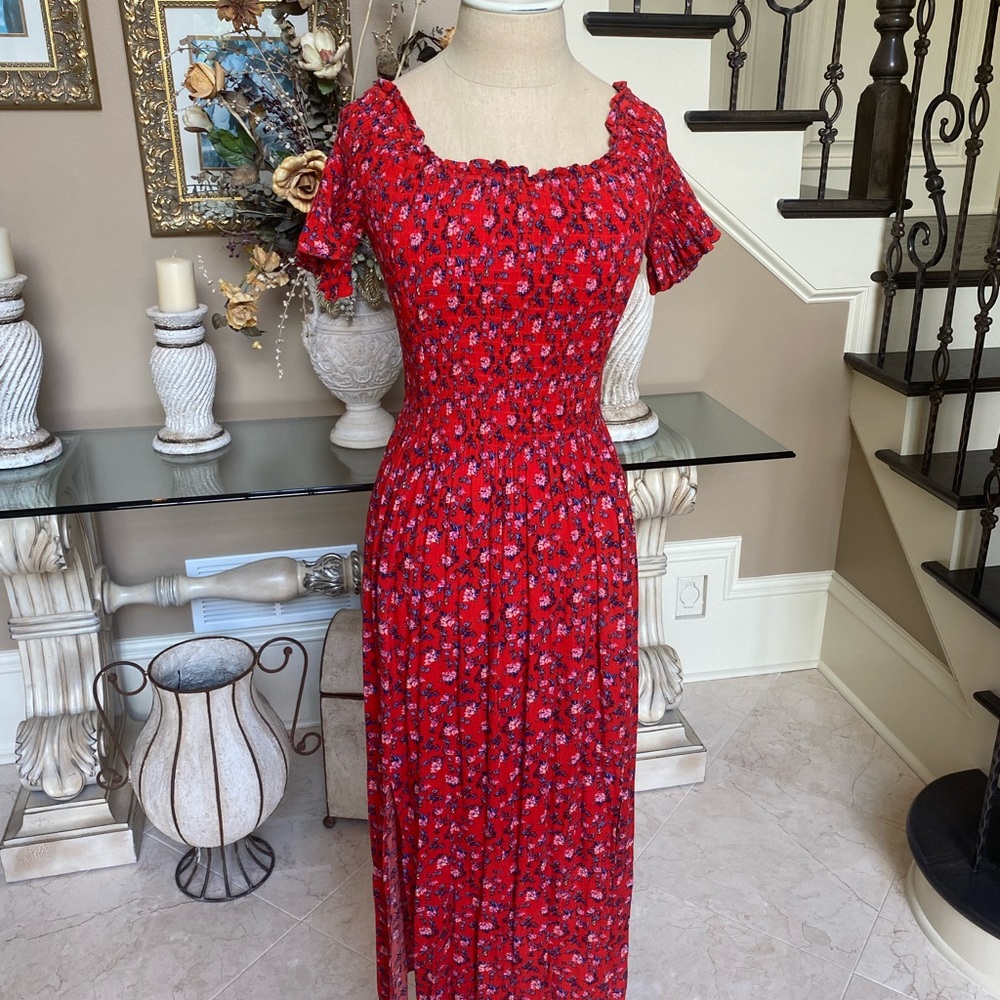 Red Floral Off Shoulder Maxi Dress
